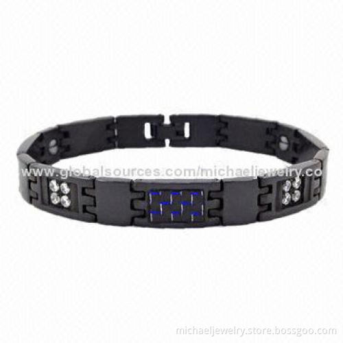 Magnetic Stainless Steel Bracelets with 16pcs of CZ Stones and Plating IP Black, Blue Carbon Fiber